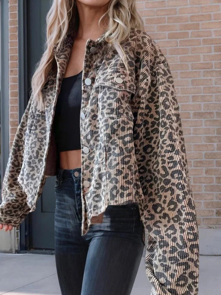 Asymmetrical Hem Collared Neck Leopard Jacket - Sp - rona.co.uk