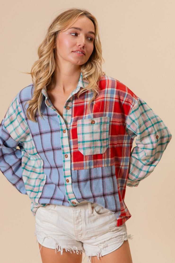 BiBi Color Block Plaid Button Down Shirt - Sp - rona.co.uk