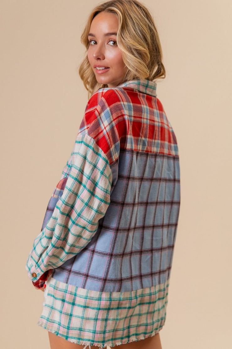 BiBi Color Block Plaid Button Down Shirt - Sp - rona.co.uk