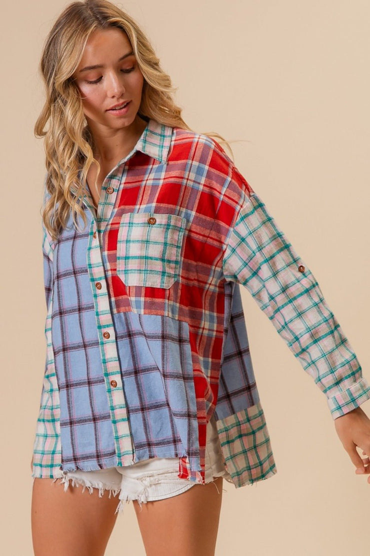 BiBi Color Block Plaid Button Down Shirt - Sp - rona.co.uk