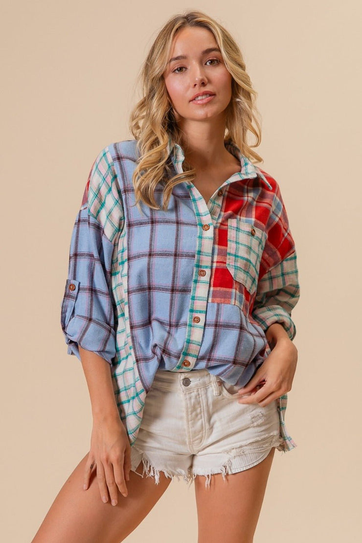 BiBi Color Block Plaid Button Down Shirt - Sp - rona.co.uk