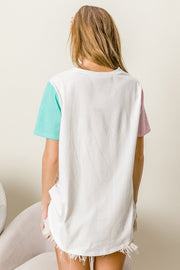 BiBi Letter Patch V - Neck Color Block Short Sleeve T-Shirt - Sp - rona.co.uk