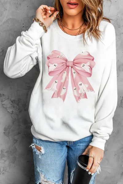 Bow Round Neck Long Sleeve Sweatshirt - Sp - rona.co.uk