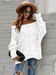 Cable Knit Openwork Off - Shoulder Sweater - Sp - rona.co.uk