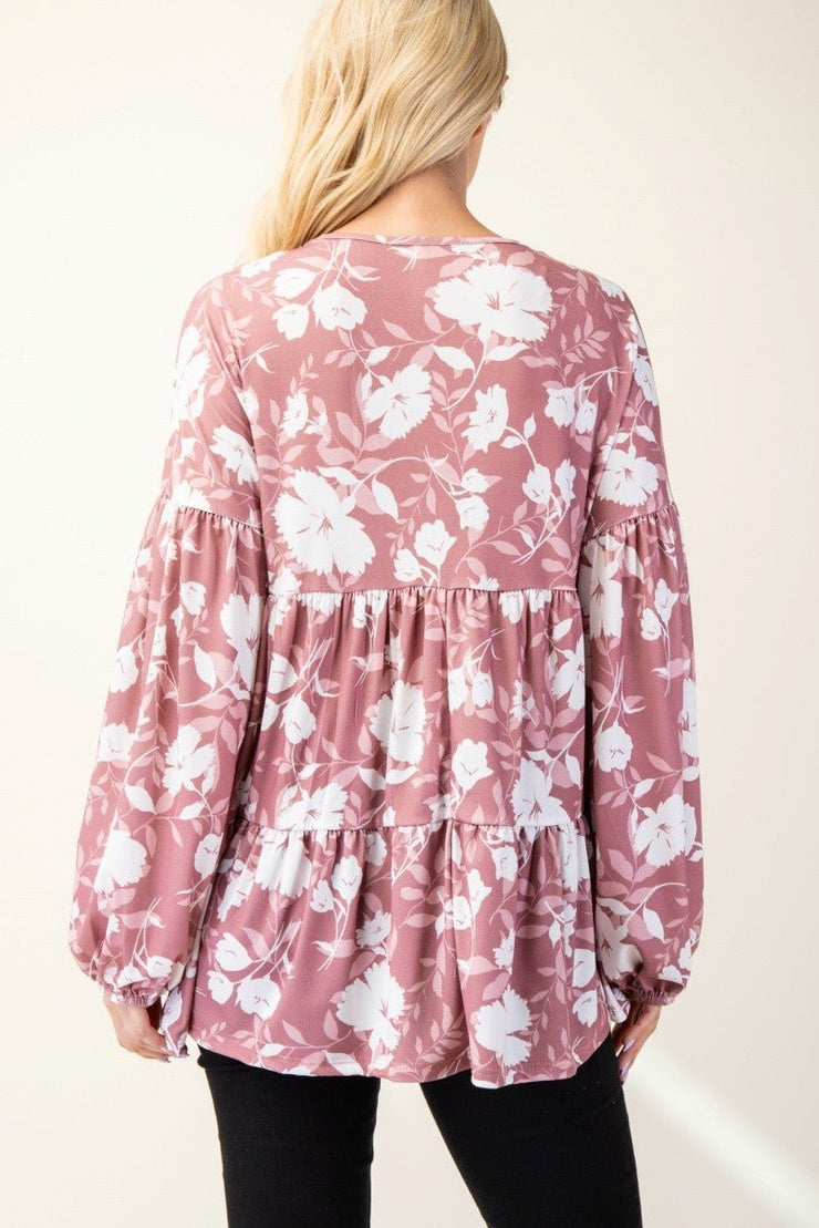 Celeste Full Size Tiered Floral Celeste Full Size Tiered Floral V - Neck Long Sleeve Blouse - Sp - rona.co.uk