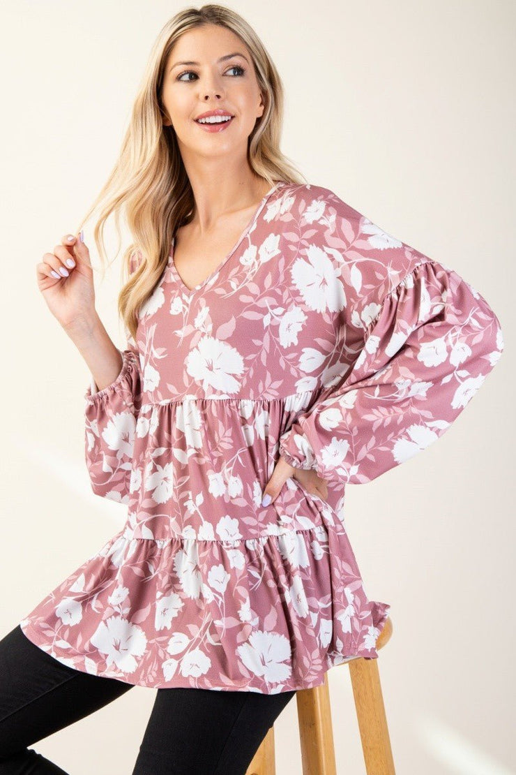 Celeste Full Size Tiered Floral Celeste Full Size Tiered Floral V - Neck Long Sleeve Blouse - Sp - rona.co.uk