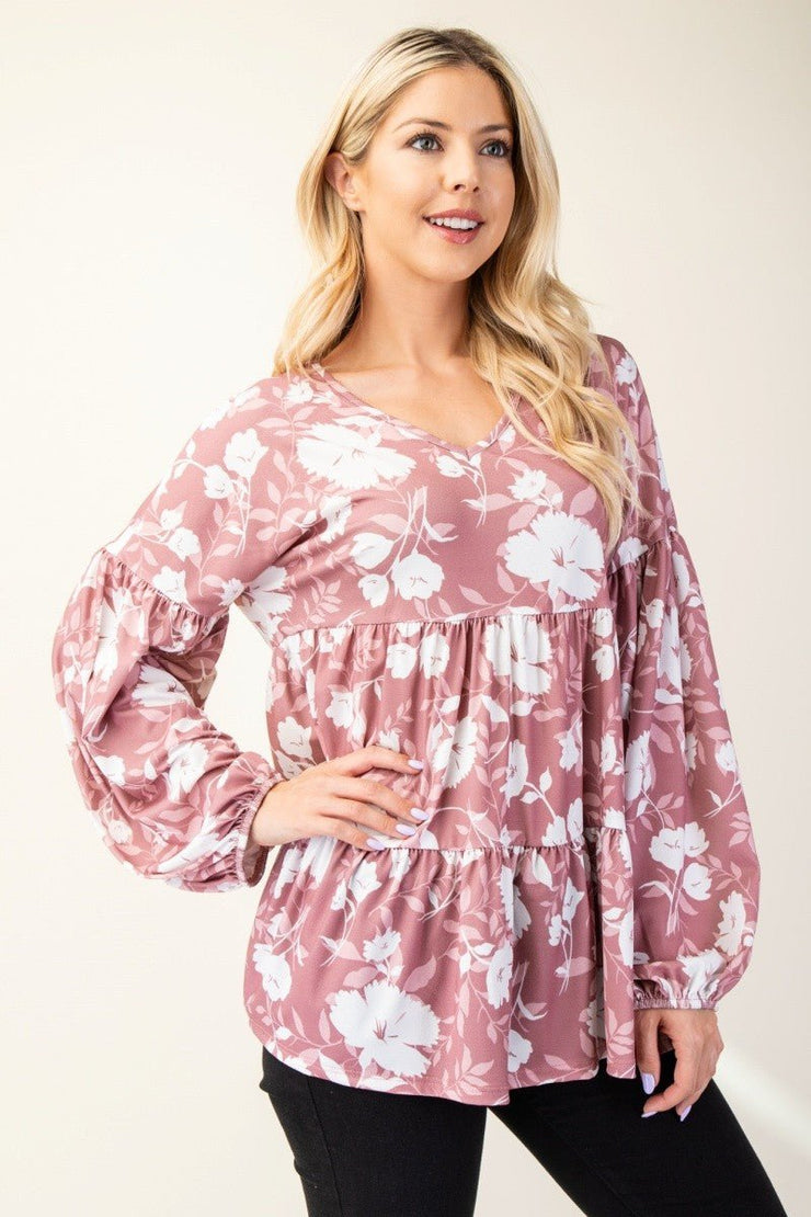 Celeste Full Size Tiered Floral Celeste Full Size Tiered Floral V - Neck Long Sleeve Blouse - Sp - rona.co.uk