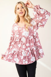 Celeste Full Size Tiered Floral Celeste Full Size Tiered Floral V - Neck Long Sleeve Blouse - Sp - rona.co.uk