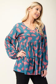 Celeste Full Size Tiered Floral V - Neck Long Sleeve Blouse - Sp - rona.co.uk