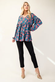 Celeste Full Size Tiered Floral V - Neck Long Sleeve Blouse - Sp - rona.co.uk