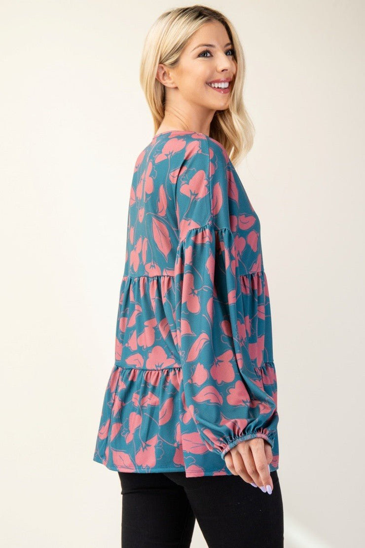 Celeste Full Size Tiered Floral V - Neck Long Sleeve Blouse - Sp - rona.co.uk