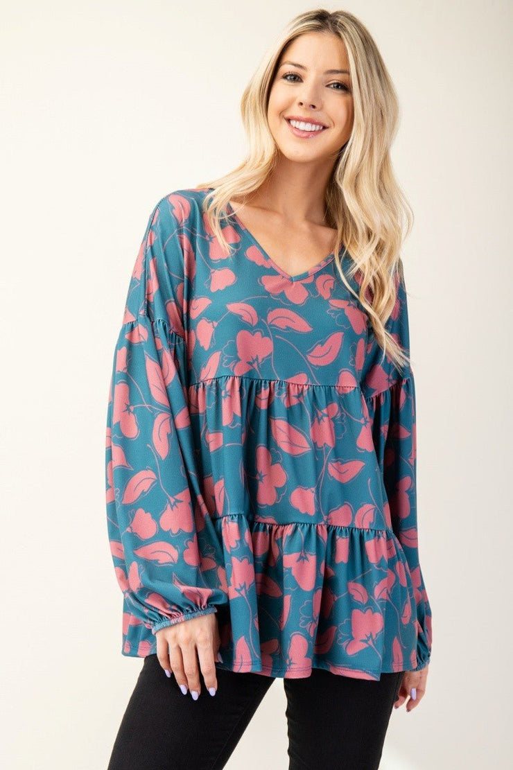 Celeste Full Size Tiered Floral V - Neck Long Sleeve Blouse - Sp - rona.co.uk