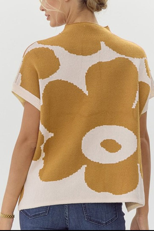 Contrast Flower Mock Neck Short Sleeve Sweater - Sp - rona.co.uk