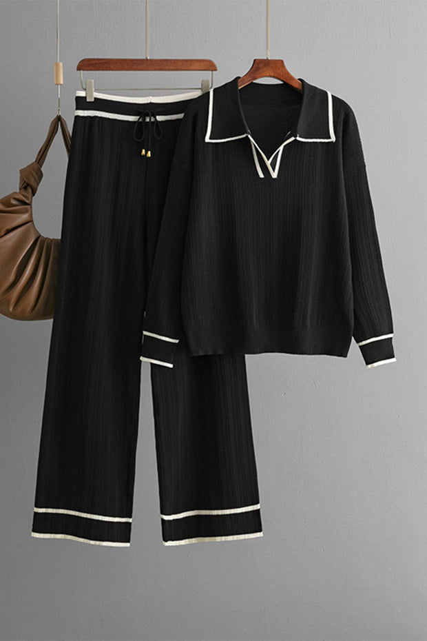 Contrast Trim Johnny Collar Top and Drawstring Pants Sweater Set - Sp - rona.co.uk