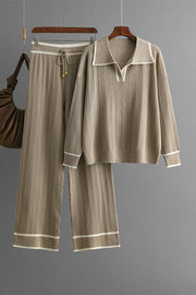 Contrast Trim Johnny Collar Top and Drawstring Pants Sweater Set - Sp - rona.co.uk