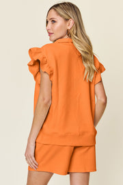 Double Take Full Size Texture Flounce Sleeve Top and Drawstring Shorts Set - Sp - rona.co.uk