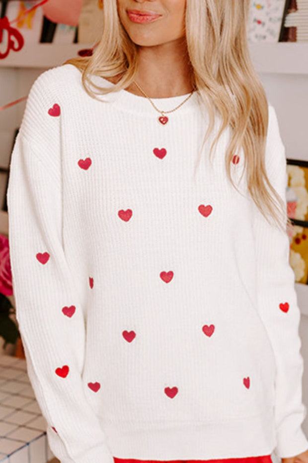 Heart Round Neck Long Sleeve Sweater - Sp - rona.co.uk