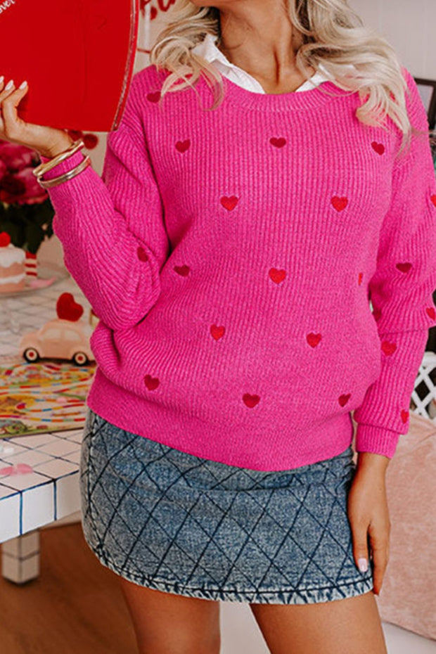 Heart Round Neck Long Sleeve Sweater - Sp - rona.co.uk