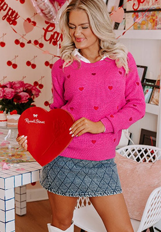 Heart Round Neck Long Sleeve Sweater - Sp - rona.co.uk