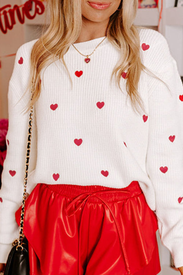 Heart Round Neck Long Sleeve Sweater - Sp - rona.co.uk