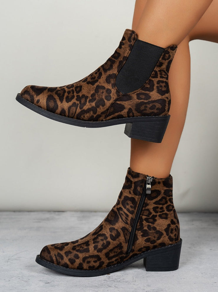 Leopard Point Toe Block Heel Boots - Sp - rona.co.uk