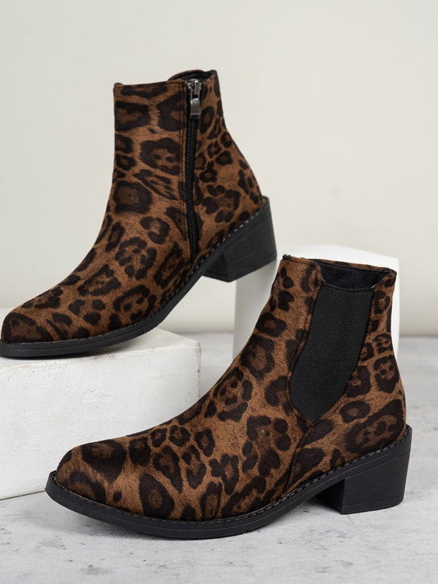 Leopard Point Toe Block Heel Boots - Sp - rona.co.uk