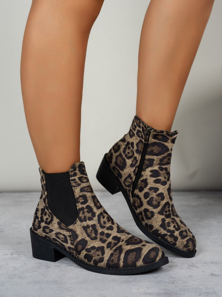 Leopard Point Toe Block Heel Boots - Sp - rona.co.uk