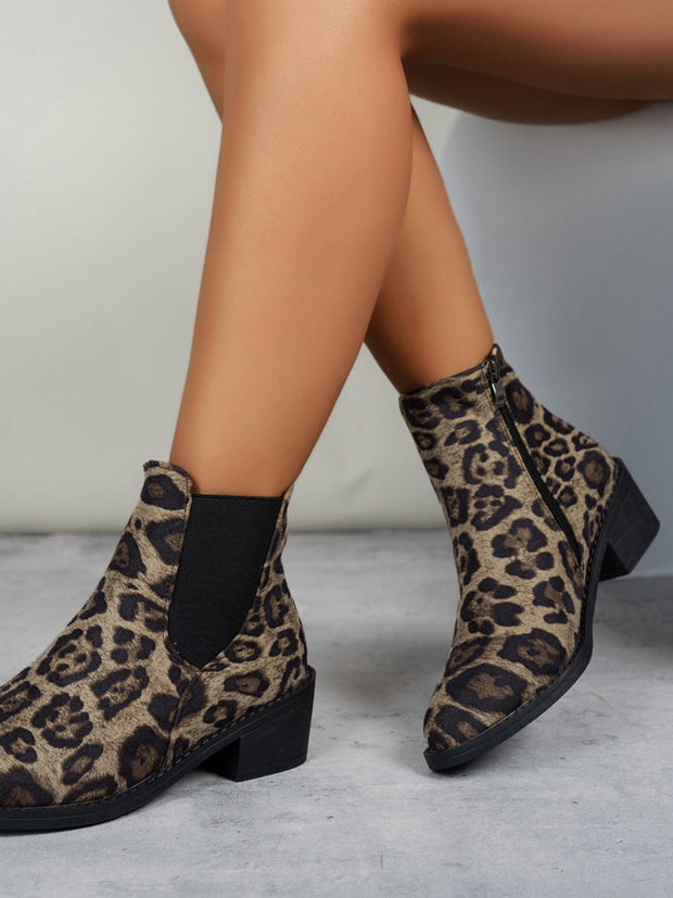 Leopard Point Toe Block Heel Boots - Sp - rona.co.uk