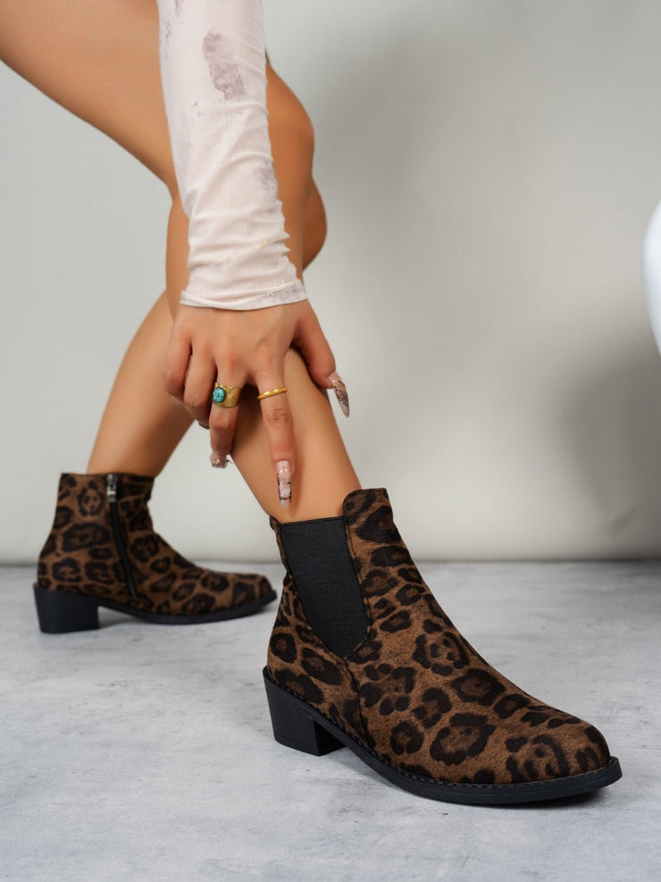 Leopard Point Toe Block Heel Boots - Sp - rona.co.uk