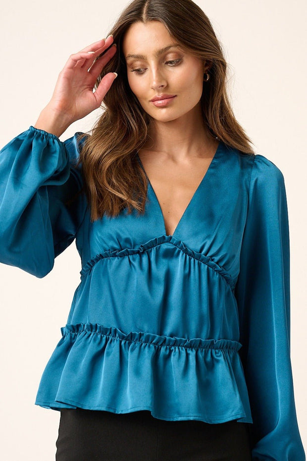 Mittoshop Satin V Neck Ruffled Tier Blouse - Sp - rona.co.uk