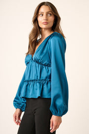 Mittoshop Satin V Neck Ruffled Tier Blouse - Sp - rona.co.uk