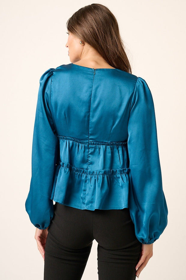 Mittoshop Satin V Neck Ruffled Tier Blouse - Sp - rona.co.uk