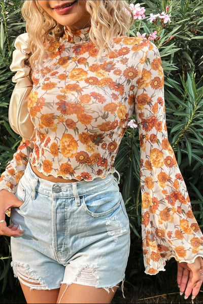 Printed Mock Neck Flare Sleeve Top - Sp - rona.co.uk