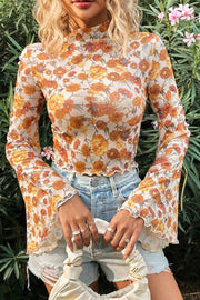 Printed Mock Neck Flare Sleeve Top - Sp - rona.co.uk