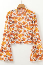 Printed Mock Neck Flare Sleeve Top - Sp - rona.co.uk