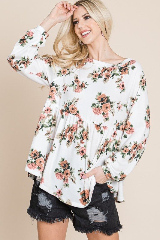 Super Lady Full Size Babydoll Floral Boat Neck Long Sleeve Blouse - Sp - rona.co.uk