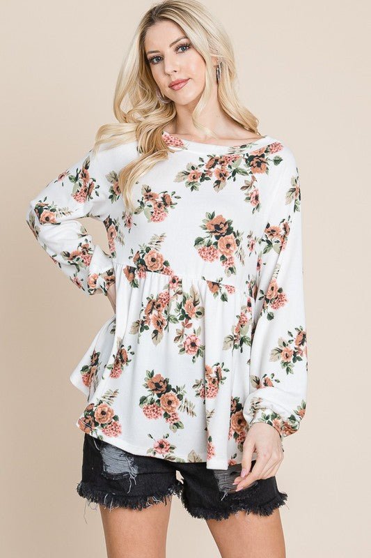 Super Lady Full Size Babydoll Floral Boat Neck Long Sleeve Blouse - Sp - rona.co.uk