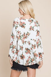 Super Lady Full Size Babydoll Floral Boat Neck Long Sleeve Blouse - Sp - rona.co.uk