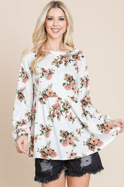 Super Lady Full Size Babydoll Floral Boat Neck Long Sleeve Blouse - Sp - rona.co.uk