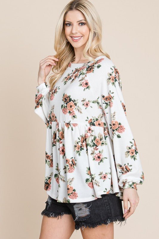 Super Lady Full Size Babydoll Floral Boat Neck Long Sleeve Blouse - Sp - rona.co.uk