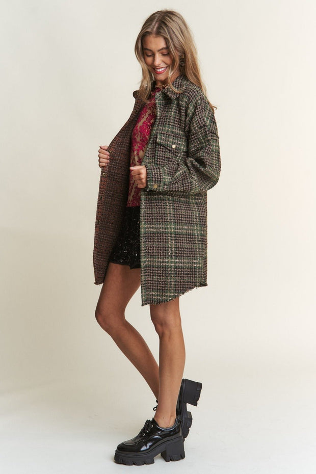 Tweed Plaid Contrast Longline Shacket J.NNA Snap Down - Sp - rona.co.uk