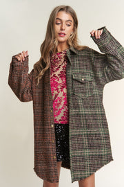 Tweed Plaid Contrast Longline Shacket J.NNA Snap Down - Sp - rona.co.uk