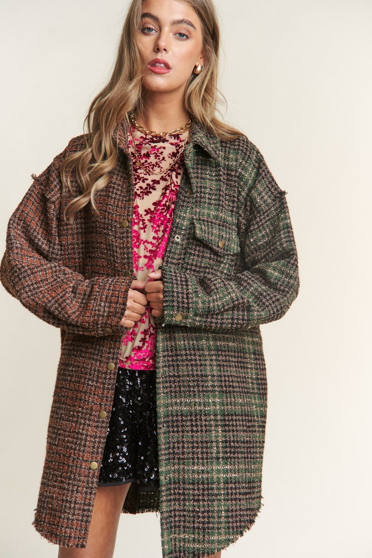 Tweed Plaid Contrast Longline Shacket J.NNA Snap Down - Sp - rona.co.uk