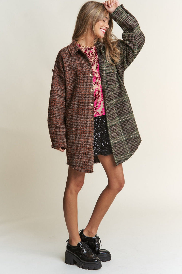 Tweed Plaid Contrast Longline Shacket J.NNA Snap Down - Sp - rona.co.uk