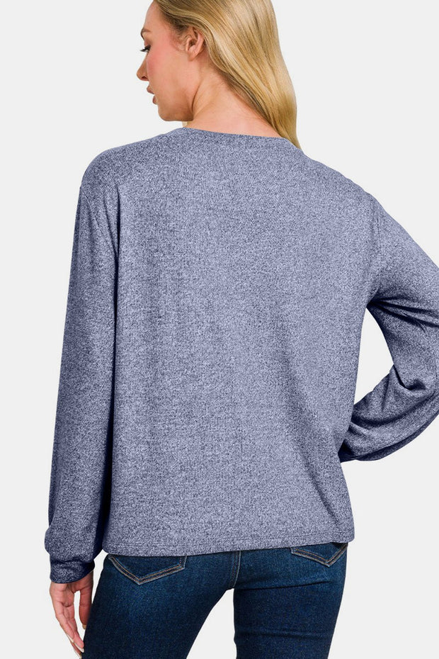 Zenana Hacci Round Neck Long Sleeve T-Shirt - Sp - rona.co.uk