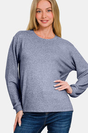 Zenana Hacci Round Neck Long Sleeve T-Shirt - Sp - rona.co.uk