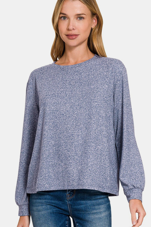 Zenana Hacci Round Neck Long Sleeve T-Shirt - Sp - rona.co.uk