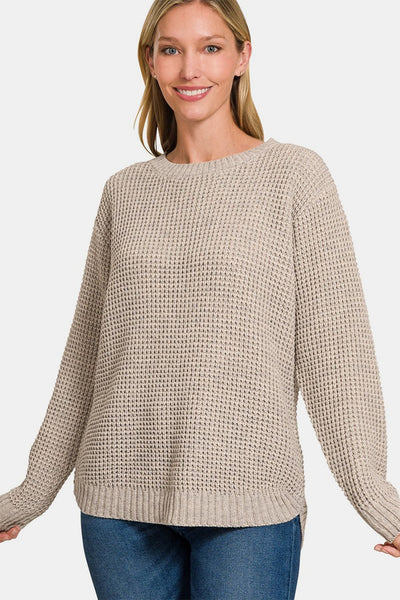 Zenana High Low Long Sleeve Waffle Sweater - Sp - rona.co.uk