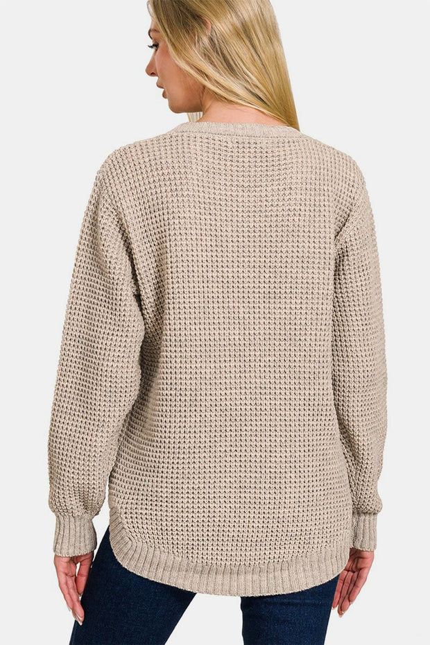 Zenana High Low Long Sleeve Waffle Sweater - Sp - rona.co.uk