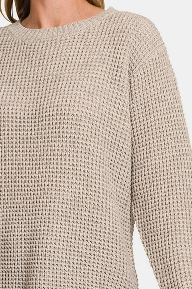 Zenana High Low Long Sleeve Waffle Sweater - Sp - rona.co.uk